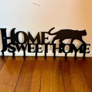 Black Metal Home Sweet Home Cat Wall Hook / Key Holder Rack